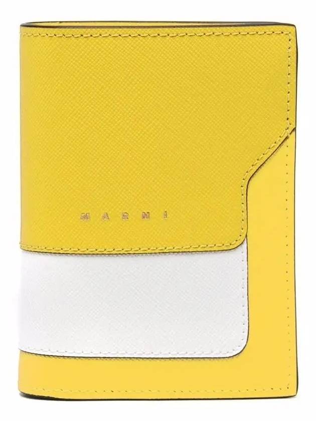 Logo Saffiano Leather Two-fold Bifold Wallet White Yellow - MARNI - BALAAN.