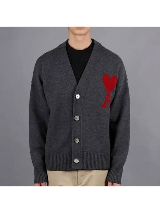 Heart Logo V Neck Wool Cardigan Heather Grey - AMI - BALAAN 2