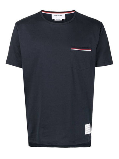 Men's Medium Weight Jersey Tipped Pocket Crewneck Short Short Sleeve T-Shirt Navy - THOM BROWNE - BALAAN 2