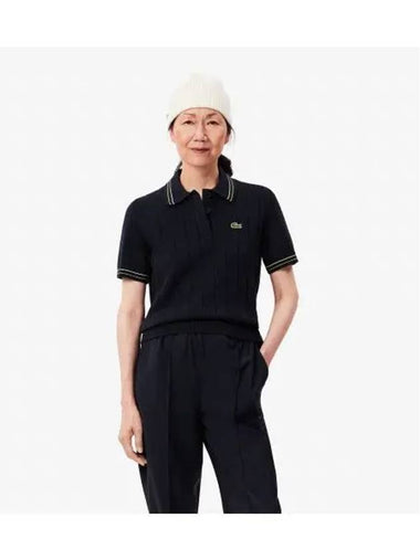 Women s Color Tipping Short Sleeve Polo Sweater Navy - LACOSTE - BALAAN 1