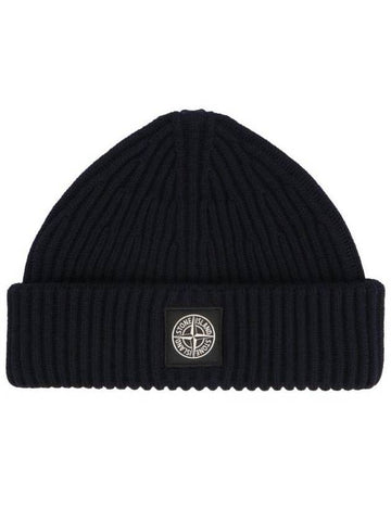 Logo Patch Turn-Up Rib Beanie Navy - STONE ISLAND - BALAAN.