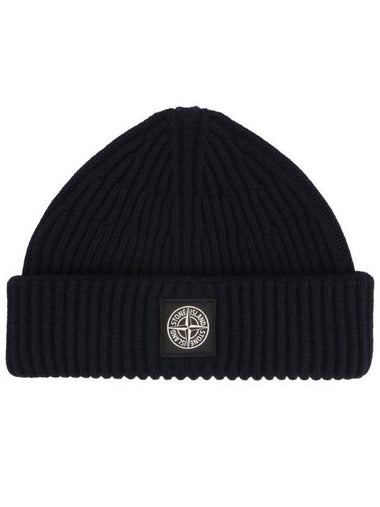 Logo Patch Rib Wool Beanie Navy - STONE ISLAND - BALAAN 1