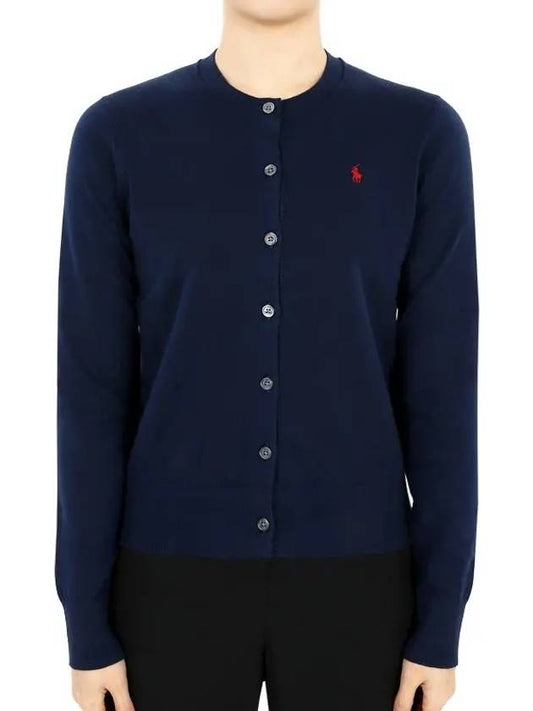 Women's Embroidered Logo Round Neck Cardigan Blue - POLO RALPH LAUREN - BALAAN 2