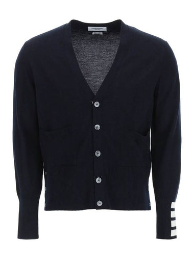 Men's Fine Merino Wool 4 Bar Cuff V-Neck Cardigan Navy - THOM BROWNE - BALAAN 1