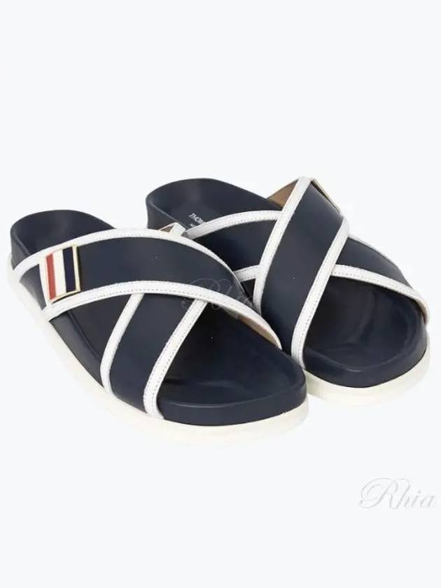 Vitello Calfskin Leather Enamel Buckle Criss Cross Sandal Navy - THOM BROWNE - BALAAN 2