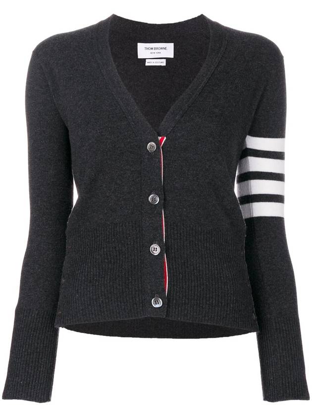 4-Bar V-Neck Cashmere Cardigan Dark Grey - THOM BROWNE - BALAAN 1