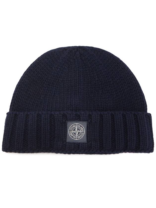 Logo Patch Wool Beanie Navy - STONE ISLAND - BALAAN 2