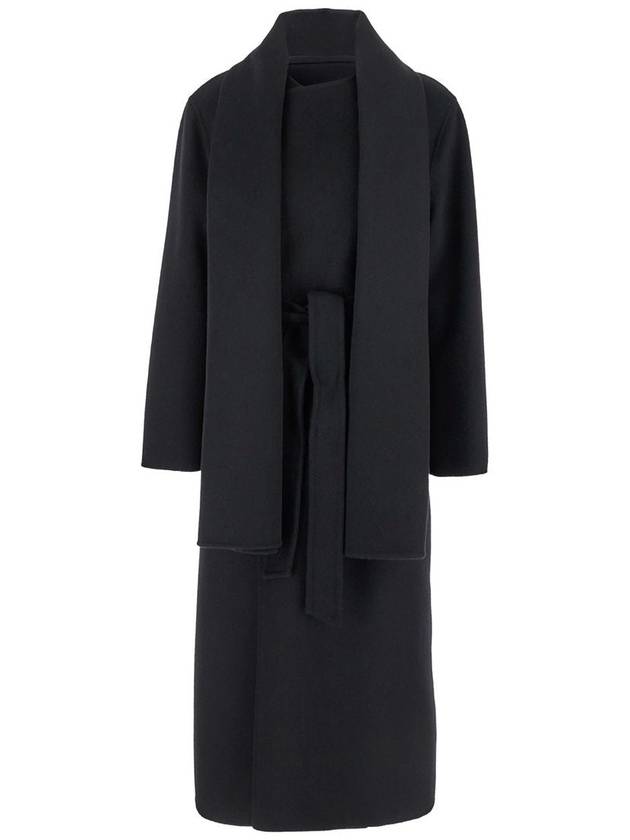 Long Double-Breasted Black Coat With Tie-Up Collar In Heavy Fabric Woman - P.A.R.O.S.H. - BALAAN 6