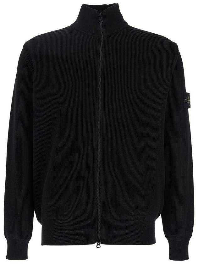 Ribbed Soft Organic Cotton Cardigan Black - STONE ISLAND - BALAAN 1