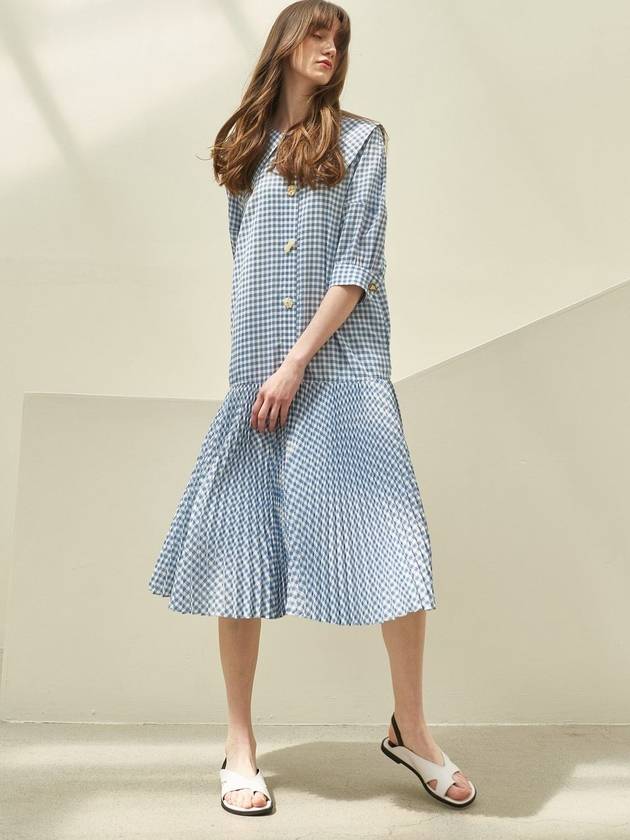 Cape Collar Check Pleated Long Dress Blue - MITTE - BALAAN 2