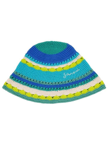 Embroided Logo Striped Cotton Crochet Bucket Hat - GANNI - BALAAN 1