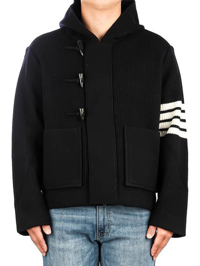 Boiled Wool Half Cardigan Stitched Hooded 4 Bar Double Jacket Navy - THOM BROWNE - BALAAN 2