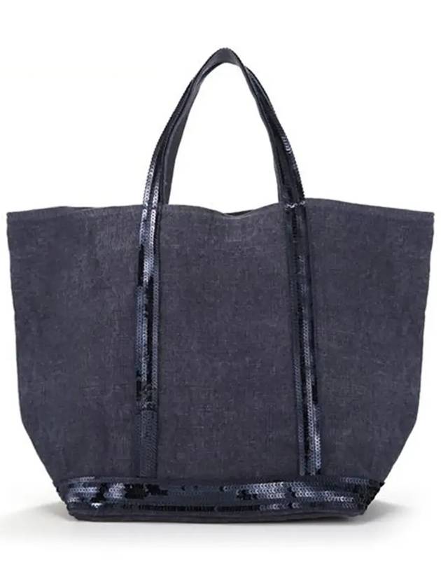 Cabas Linen Sequined Medium Tote Bag Navy - VANESSA BRUNO - BALAAN 6