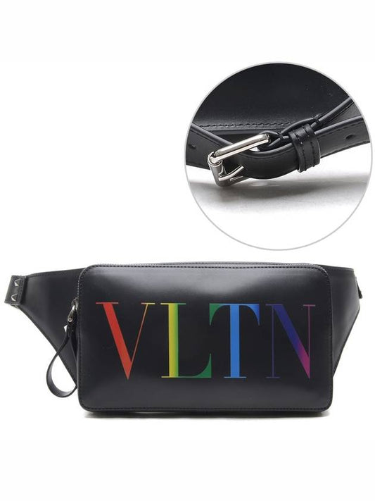 Rainbow VLTN Logo Leather Belt Bag Black - VALENTINO - BALAAN.