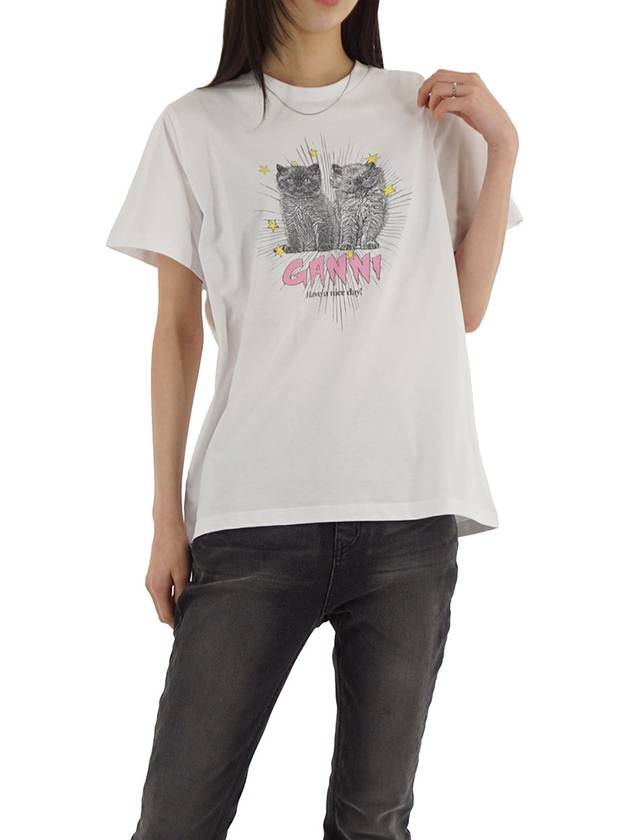 Relax Fit Basic Kitten Short Sleeved T-Shirt White - GANNI - BALAAN 3