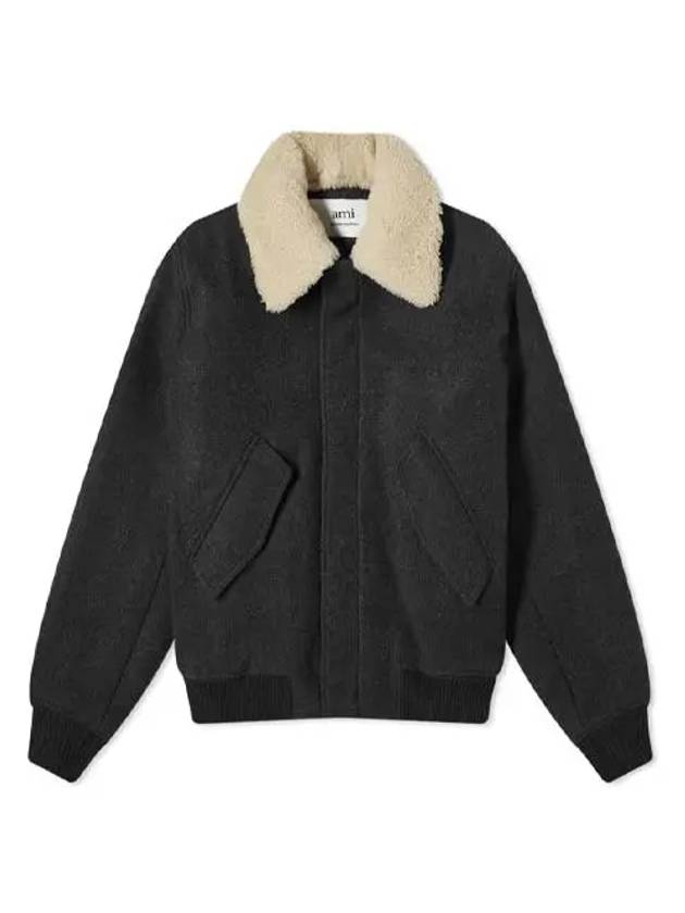 Shearling Collar Wool Zip-Up Jacket Heather Grey - AMI - BALAAN 2