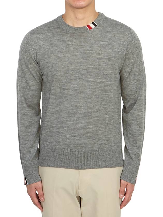 Intarsia Stitch Crew Neck Merino Wool Knit Top Light Grey - THOM BROWNE - BALAAN 2