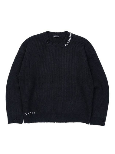 Hand Stitched Logo Ripped Sweater Black - BLACKBLOND - BALAAN 1