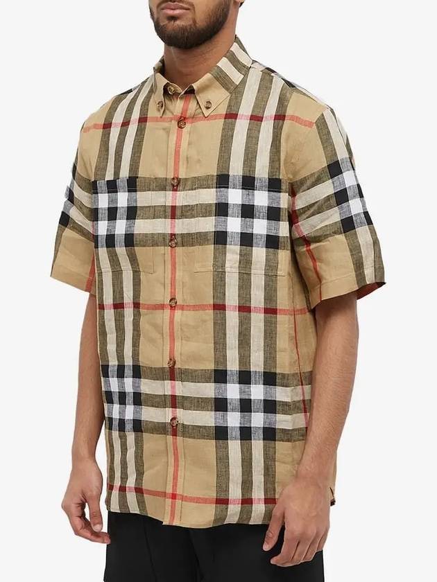 Linen Tartan Check Short Sleeve Shirt Brown - BURBERRY - BALAAN 4