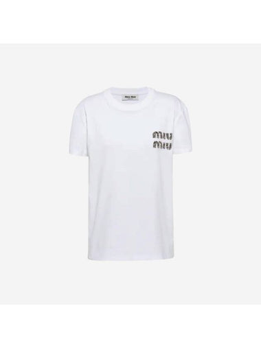 Embroidered Logo Cotton Short Sleeved T-shirt White Crystal - MIU MIU - BALAAN 1