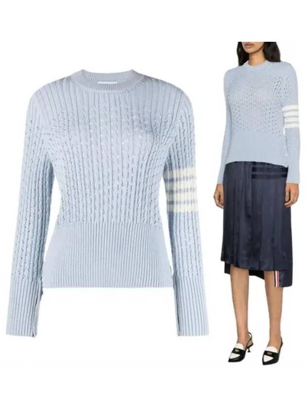 4 Bar Pointelle Knit Top Light Blue - THOM BROWNE - BALAAN 2