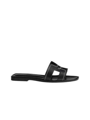 Oran Embroidered Calfskin Sandals Noir - HERMES - BALAAN 1