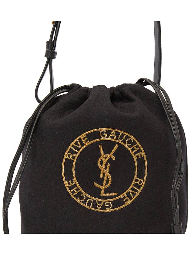 Embroidered Felt Smooth Leather Rib Gauche Lace Bucket Bag Black - SAINT LAURENT - BALAAN 10