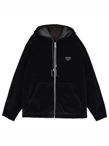 Triangle Logo Cotton Velvet Zip Up Hoodie Black - PRADA - BALAAN 1