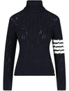 Women's 4 Bar Irish Pointelle Cable Merino Wool Turtleneck Navy - THOM BROWNE - BALAAN 3