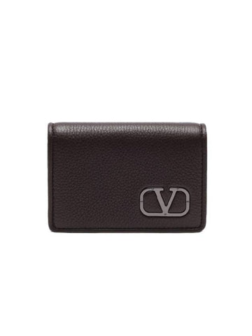 V Logo Leather Card Wallet Brown - VALENTINO - BALAAN 1