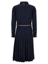 Stripe Flannel Pleated Bottom Belted Cotton Midi Dress Navy - THOM BROWNE - BALAAN 3