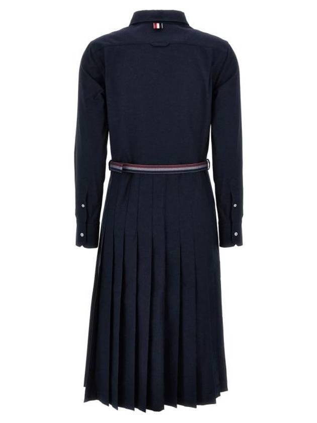 Stripe Flannel Pleated Bottom Belted Cotton Midi Dress Navy - THOM BROWNE - BALAAN 3