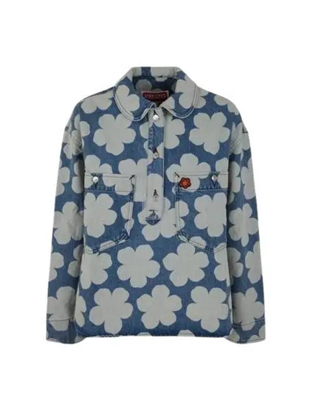 Poppy Print Denim Cotton Polo Shirt Blue - KENZO - BALAAN 2