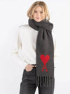 Heart Logo Oversized Wool Fringe Scarf Dark Grey - AMI - BALAAN 3