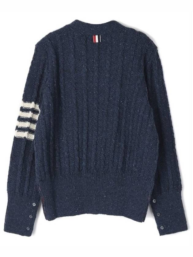 Donegal Twist Cable 4 Bar Classic V Neck Cardigan Blue - THOM BROWNE - BALAAN 3