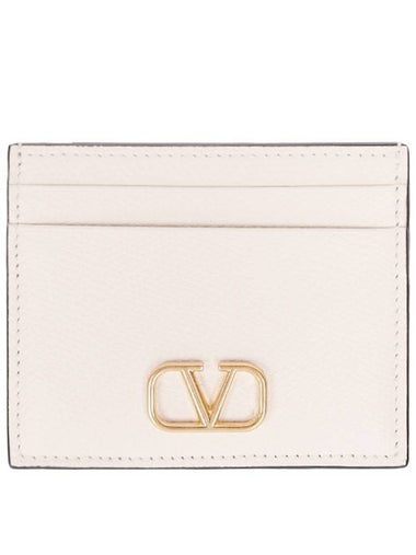 V Logo Signature Grainy Calfskin Card Wallet Ivory - VALENTINO - BALAAN 1