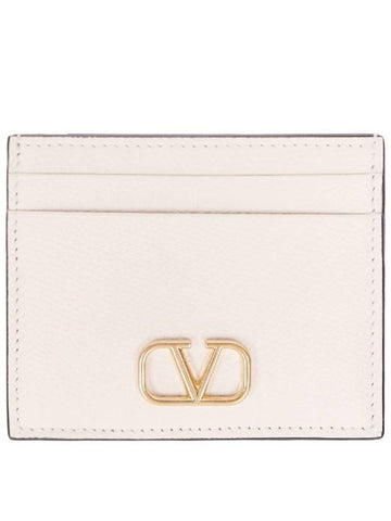 V Logo Signature Grainy Calfskin Card Wallet Ivory - VALENTINO - BALAAN 1