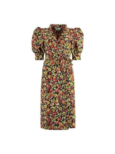 Floral Print Puff Sleeve Wrap Midi Dress - GANNI - BALAAN 2