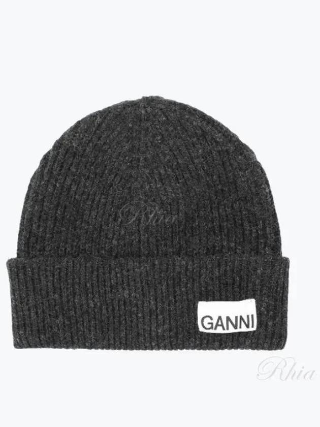 Logo Label Rib Knit Wool Beanie Dark Grey - GANNI - BALAAN 2