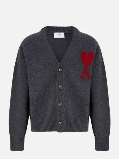 Heart Logo V Neck Wool Cardigan Heather Grey - AMI - BALAAN 2