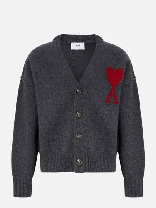 Heart Logo V Neck Wool Cardigan Heather Grey - AMI - BALAAN 2