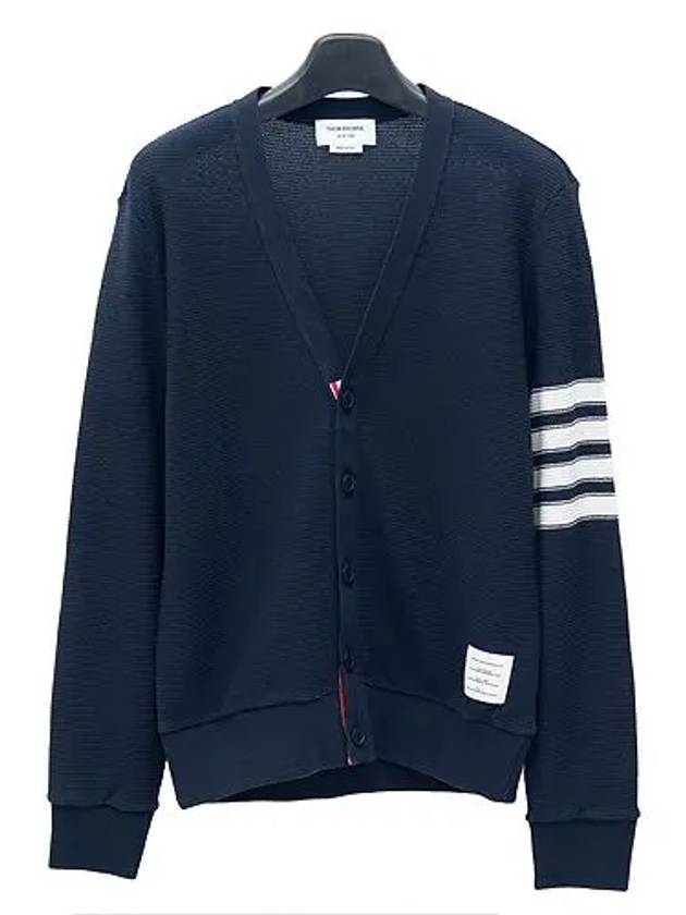 4 Bar Open Raschel Stitch V Neck Cardigan Navy - THOM BROWNE - BALAAN 3