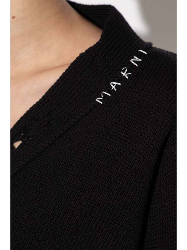 Embroidered Logo Distressed V-Neck Crop Cardigan Black - MARNI - BALAAN 6