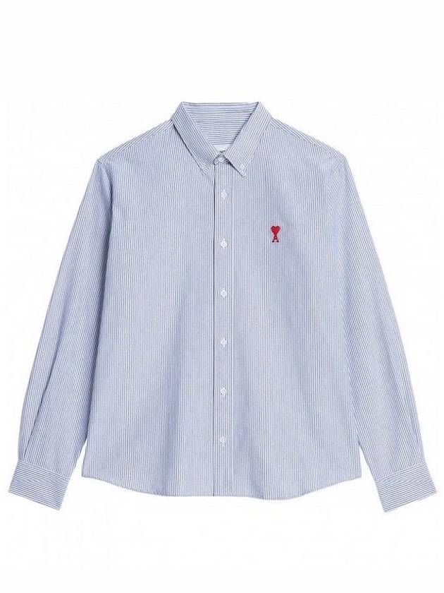 Small Heart Logo Striped Shirt Sky Blue Natural White HSH113 CO0021 492 - AMI - BALAAN 4