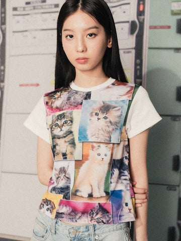 Cat patchwork print cropped tshirt - HIGH SCHOOL DISCO - BALAAN 1