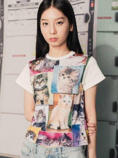 Cat patchwork print cropped tshirt - HIGH SCHOOL DISCO - BALAAN 1