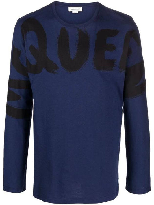 Graffiti Logo Print Cotton Short Sleeve T-Shirt Blue - ALEXANDER MCQUEEN - BALAAN 1