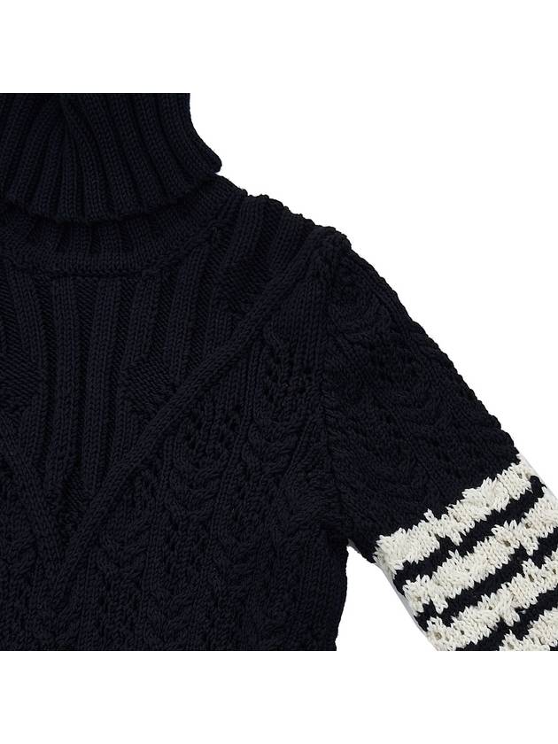 Women's Irish Pointel Cable Merino Wool 4 Bar Turtleneck Navy - THOM BROWNE - BALAAN.