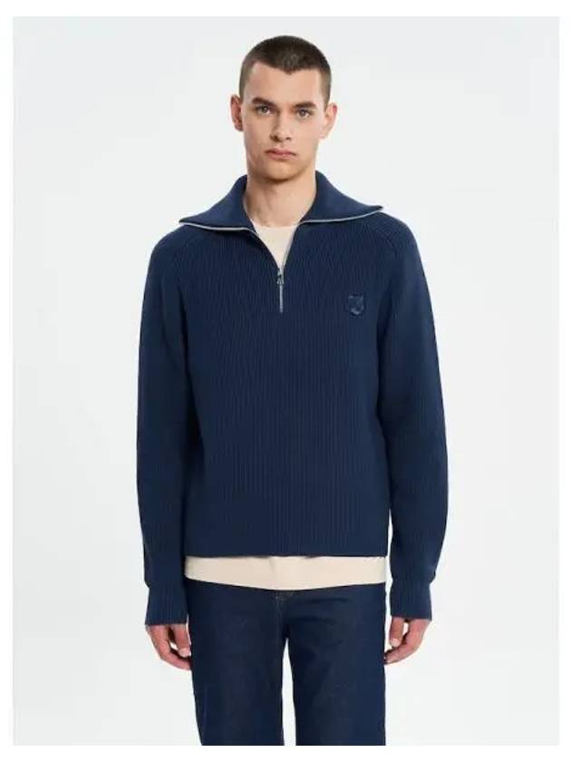 Men s bold foxhead patch half zip up wrinkled sweatshirt ink blue domestic product - MAISON KITSUNE - BALAAN 1