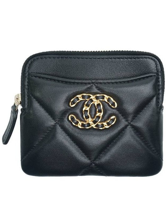 Nineteen Gold CC Logo Lambskin Zipper Card Wallet Black - CHANEL - BALAAN.